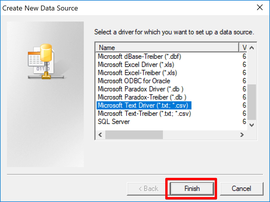 Create New Data Source with Finish button highlighted.
