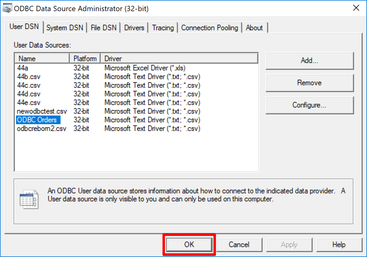 ODBC Client Add new data source with OK button highlighted