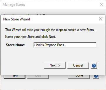 ODBC client New Store Wizard pop-up Store Name field