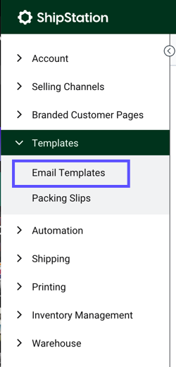 Settings sidebar. Templates drop-down. A box highlights the Email Templates button.