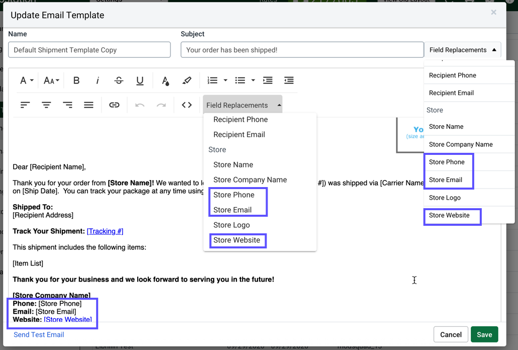 Update-­Email-Template pop-up. For ­eBay Policy compliance, shows Store Phone, email, & website fields