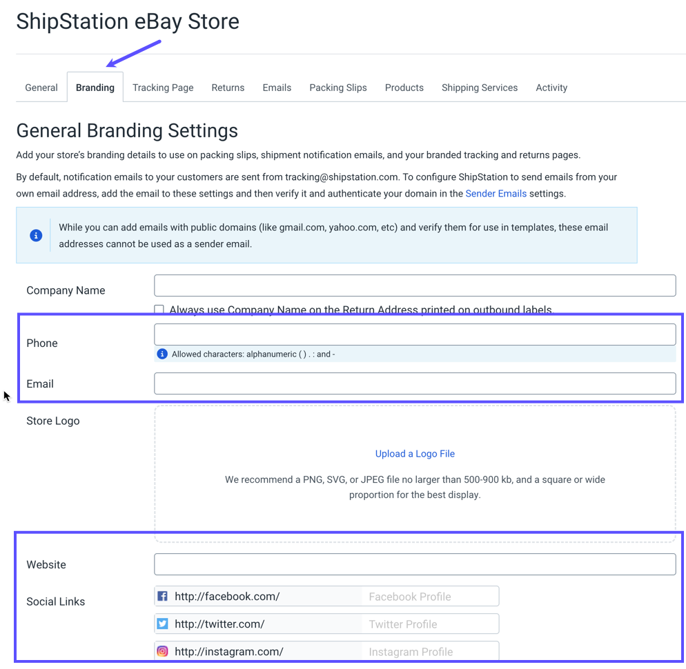 Settings. Store. eBay. Branding tab. Shows phone, email, Website, & social media fields