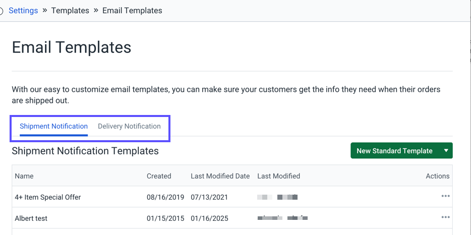 Email template settings with Shipment Notification and Delivery Notification option highlighted.