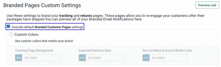 Store Setup: Branded Pages Custom Settings. Red box highlights option to Override default Branded Customer Pages settings