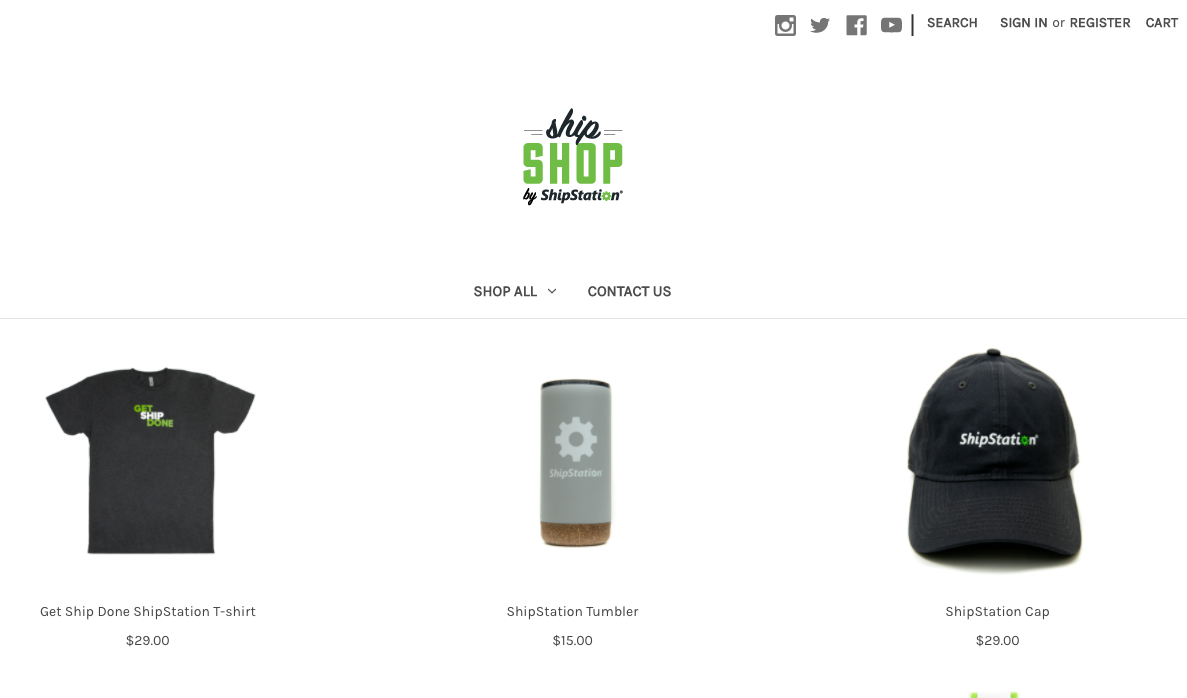 Image of the ShipShop homepage showing the first row of products: a t-shirt, tumbler, and hat