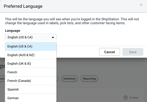 Language drop-down menu displaying available language options