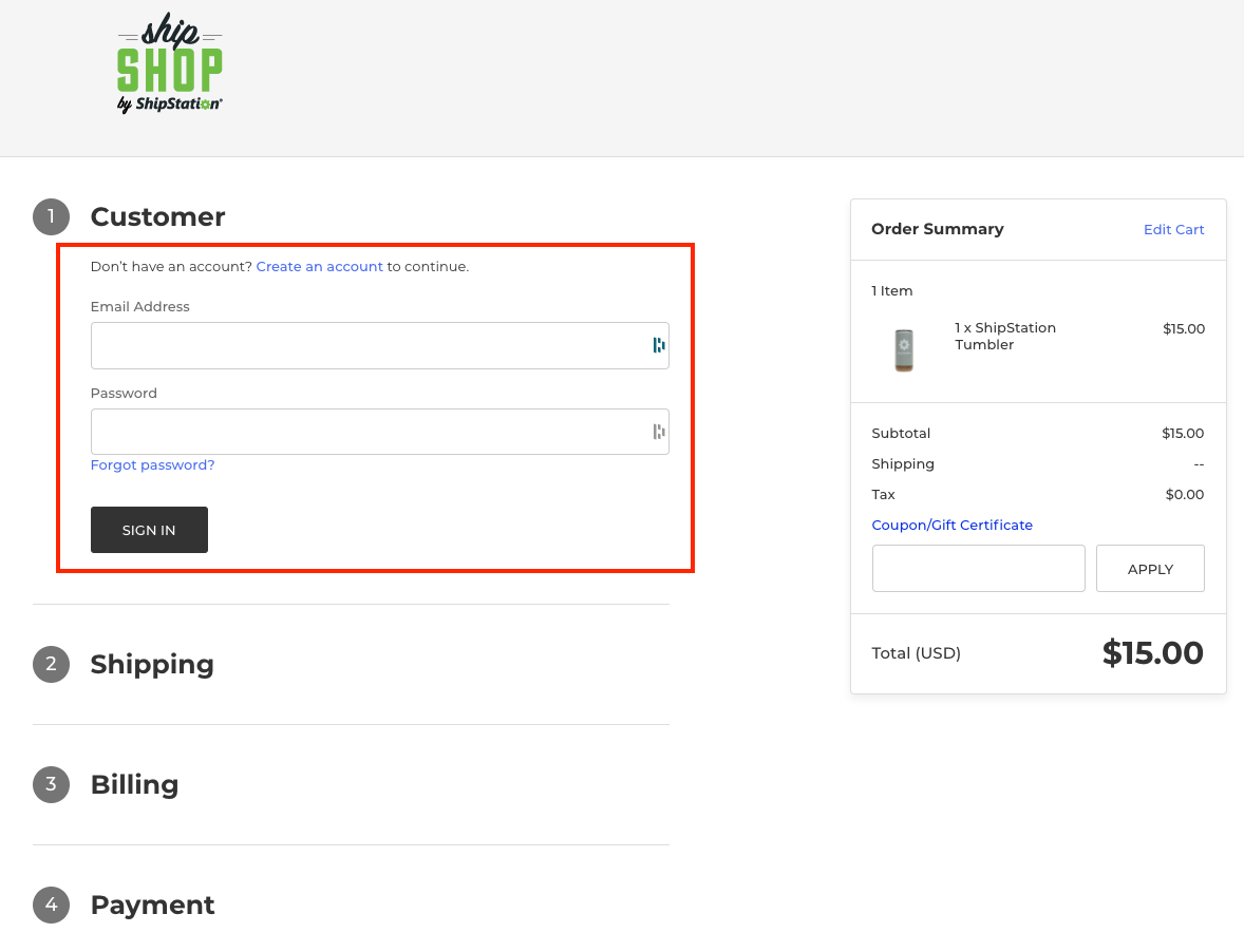 Image of the ShipShop checkout page with the Customer "login or register" option highlighted.
