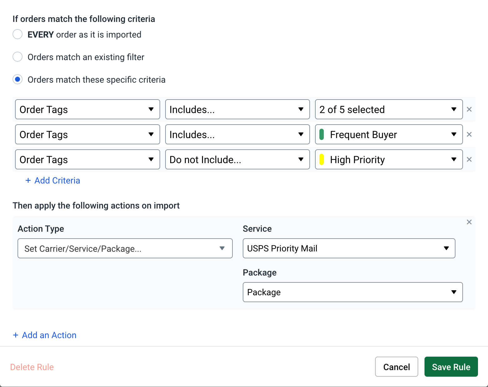 Three criteria of different rules, and action of Set Carrier/Service/Package to USPS Priority Mail Package