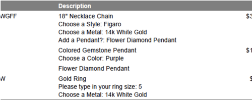 Sample packing slip including item options in the product list under "Description."