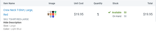 An example of a line item, t-shirt, with size and color variants shown.