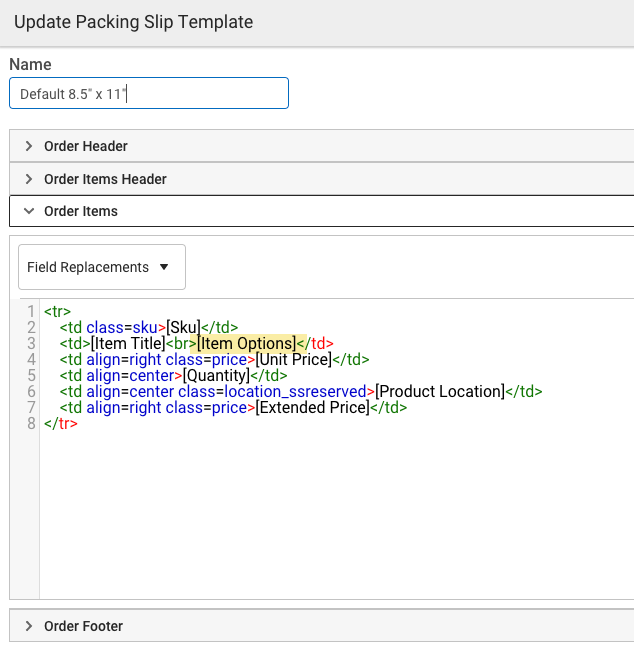 Item Options field replacement highlighted in the Order Items template section