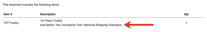 Red arrow points to item options displayed under item name in customer email notification.