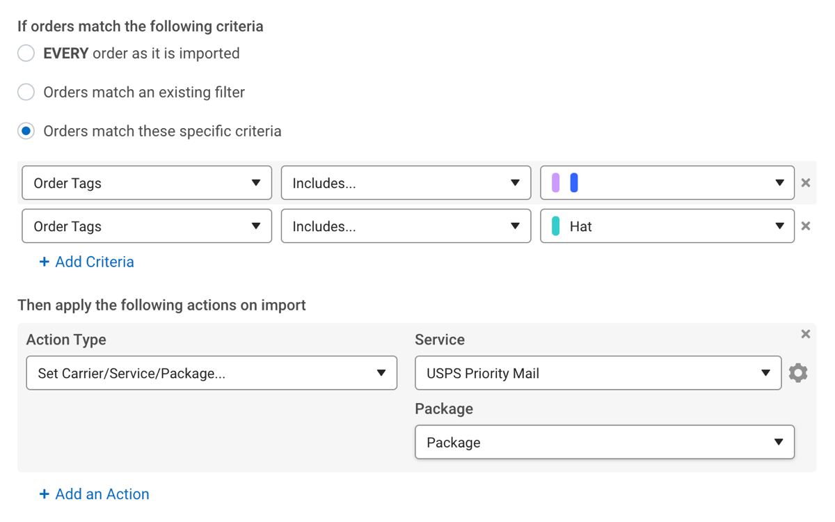 Automation Rules example. Has conditions of pants or shirts, and hats = shipping upgrade.