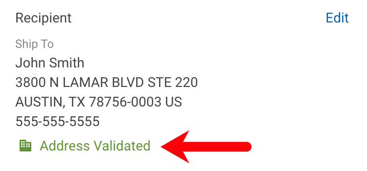 Buyer/Recipient info. Red arrow points to Validated Commercial Address icon (Green office building) & Address Verified status