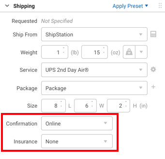 Shipping Info: Red box highlights the Confirmation and Insurance dropdowns