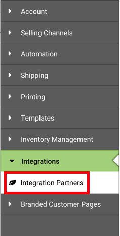 Settings Sidebar: Integrations dropdown. Red box highlights Integration Partners option.