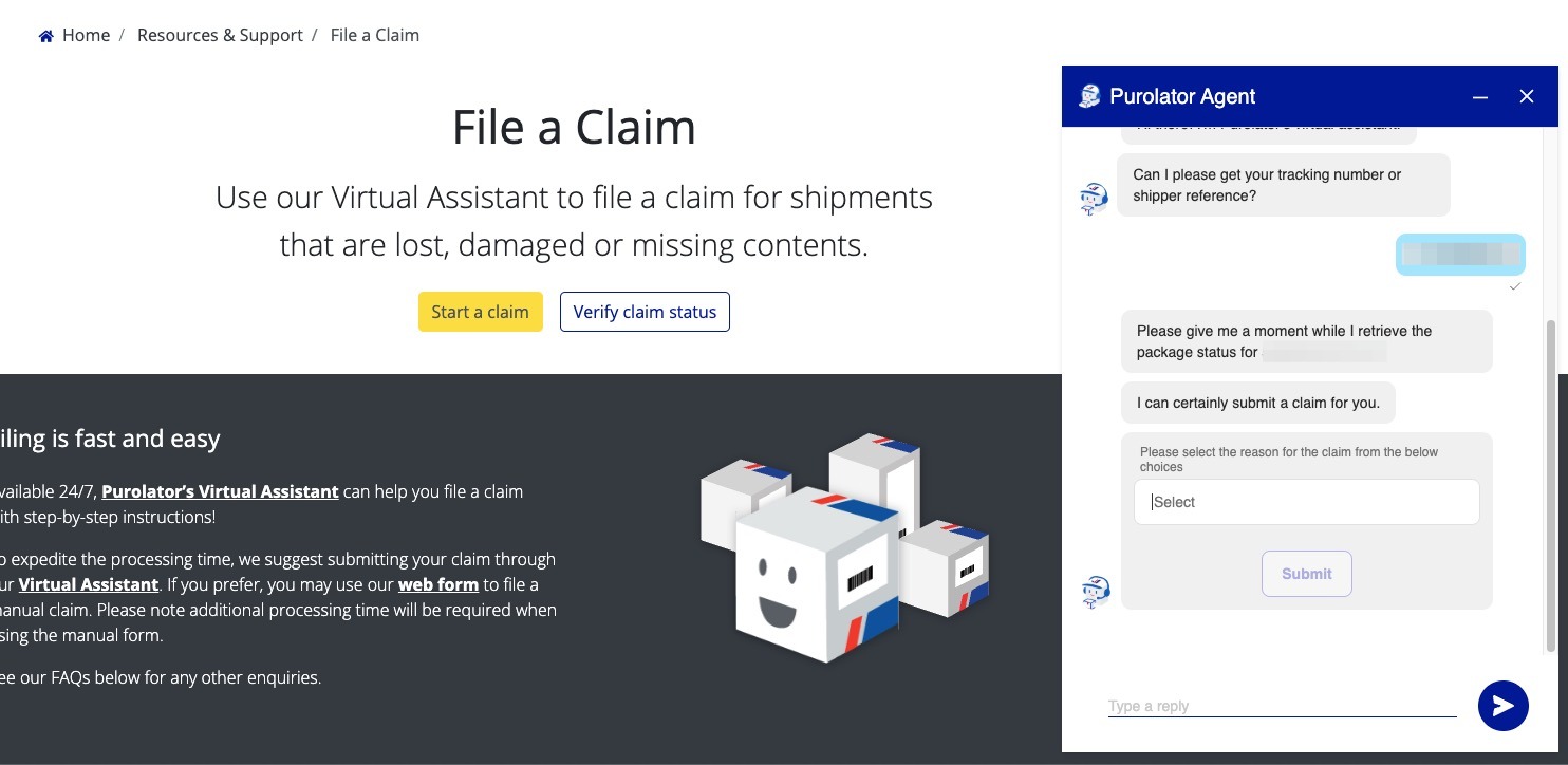 File a claim webpage for Purolator showing chatbot