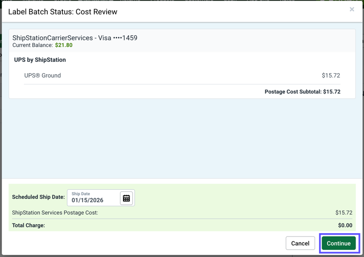 The Label Batch Status: Cost Review pop-up shows an example of UPS postal cost subtotal & Continue button marked.