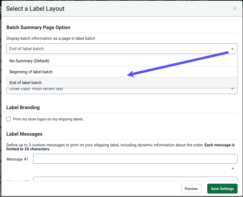 Label Printing Setup pop-up. An arrow points to Batch Summary Page Option: End of Label Batch