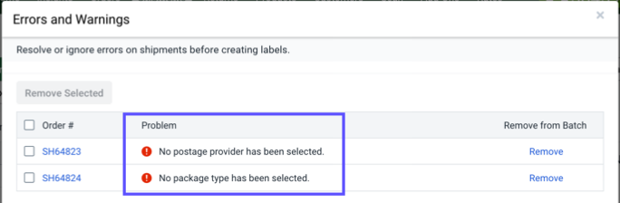 Shows Problem column with errors & warnings highlighted in the Label Batch Status window.