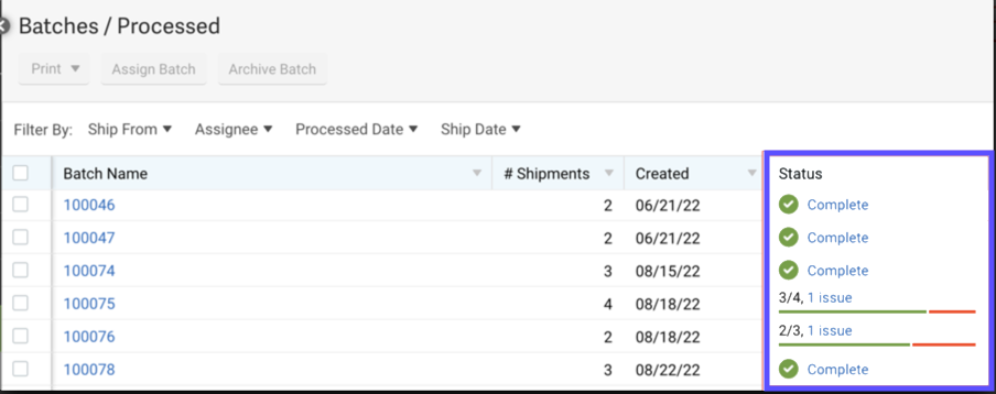 Batch Processed status screen with status section highlighted.
