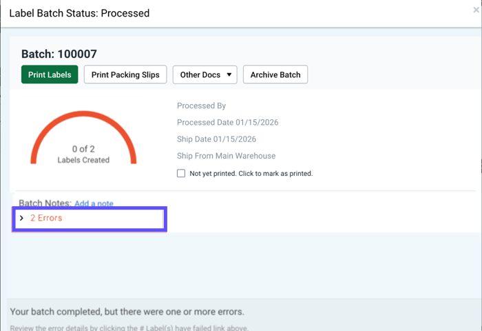 Batch Result screen with the Error Message highlighted.