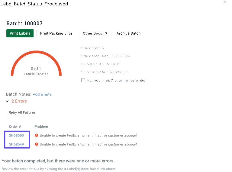 "Order Number" column highlighted in Label Batch Status: Processed window.