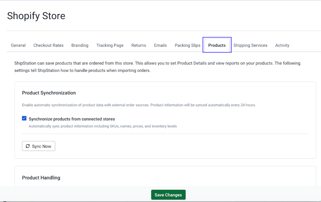 Store Setup page with the row of tabs, with the Product tab selected