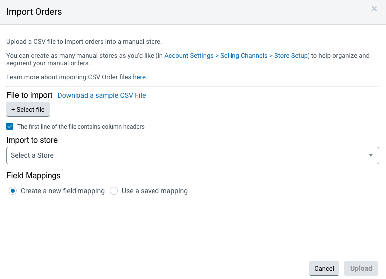 ShipStation's Import Order CSV pop-up screen where you add your CSV file and select the store to import to.