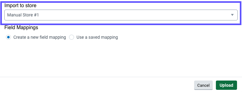Close-up of Import Store dropdown. Red box highlights selected store.