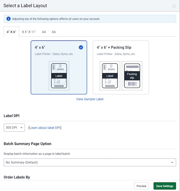 Label Printing Setup. Shipping Label Formats. 4 by 6 selected. Preview shows labels in landscape layout.