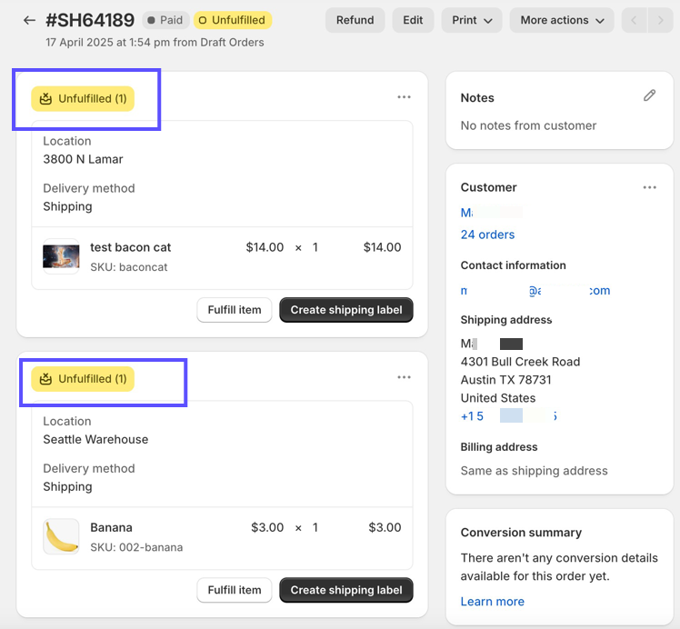 ShipStation Order Details. Shows 2 fulfillments in ShipStation as they appear in Shopify.