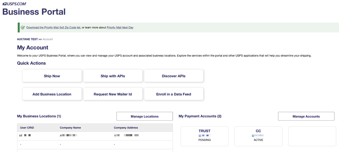 Shows USPS COP Business Portal, & the My Account dashboard