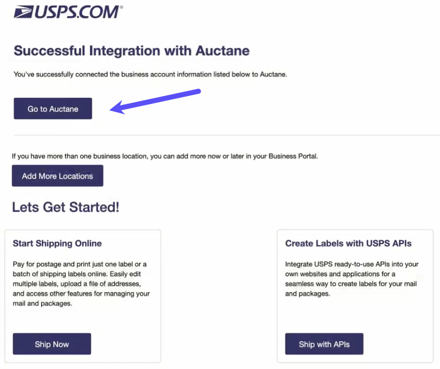 Shows the Go-to-Auctane button on the USPS COP My-Account Dashboard
