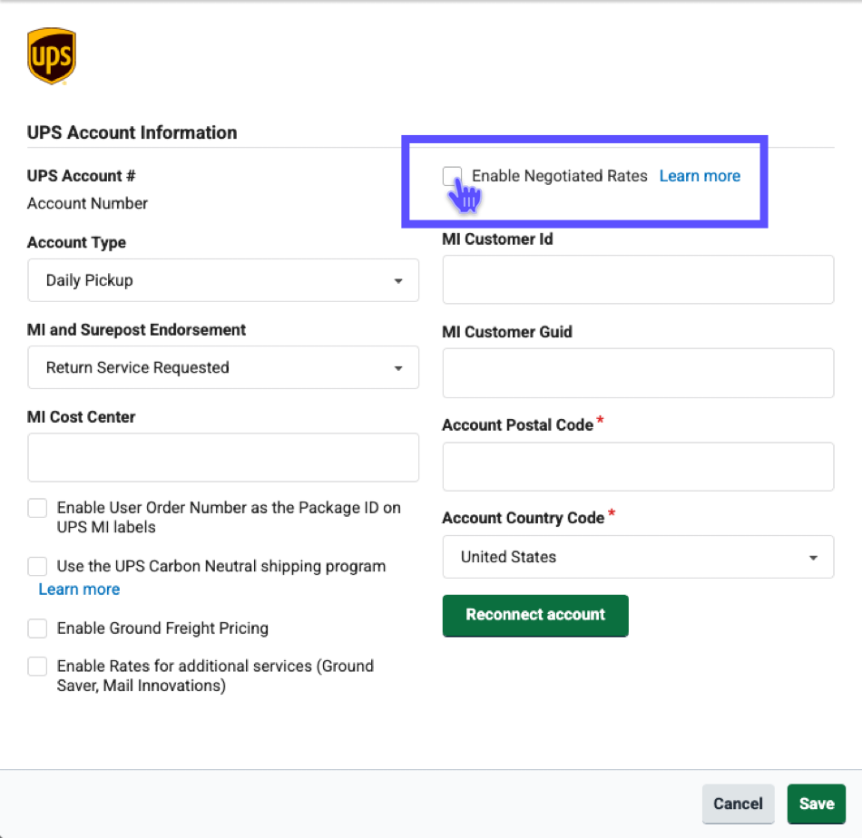Configure Your UPS Account settings pop-up. An arrow points to the Enable Negotiated Rates checkbox.