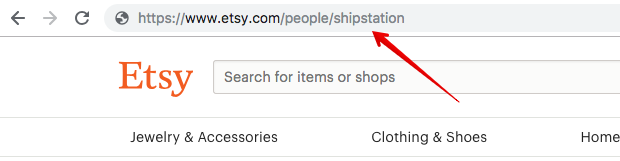 Imagen: sitio web de Etsy con una flecha que apunta al nombre de usuario en la URL.