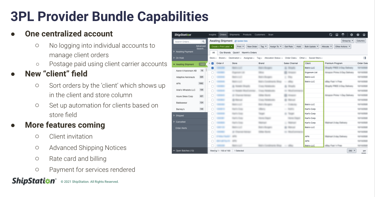 Overview of 3PL Provider Bundle capabilities, including one centralized account, "Client" order field, and upcoming features.