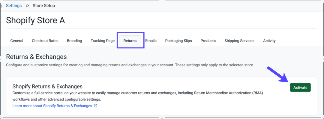 Shows the Returns tab and the Activate button