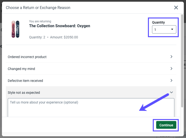 Shows Return Quantity field and Return Reason Dropdown
