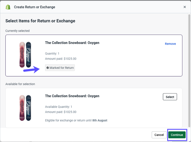 Create Return or Exchange popup. Marked for Return & Continue button shown.