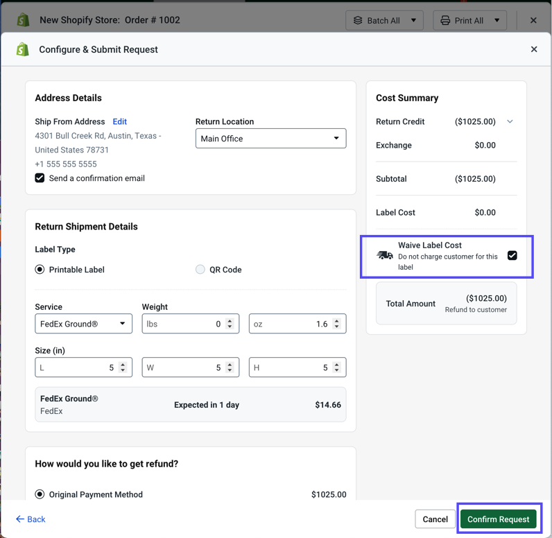 Confirm & Submit-Request popup. Waive Label Cost checkbox & Confirm Request button shown marked