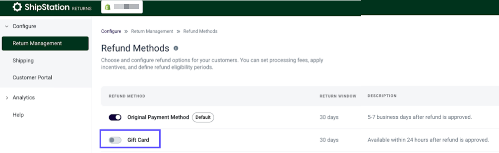 Configure Return Methods page. Shows Gift Card option disabled.