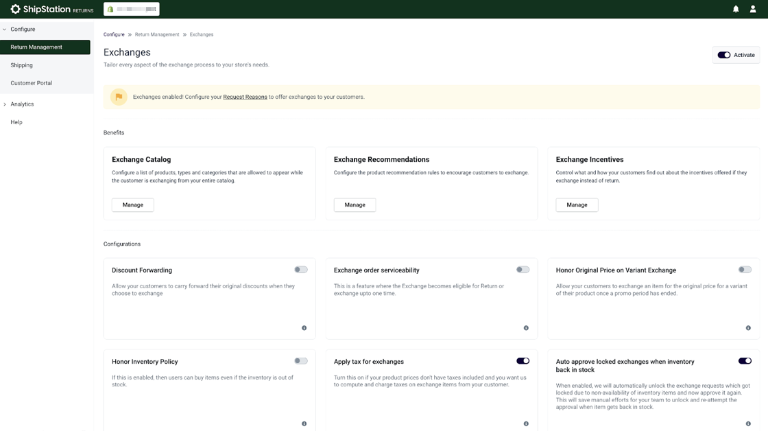 Returns Configure exchanges page. Shows options