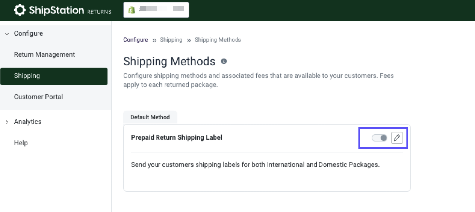 Returns. Configure Ship Methods. Prepaid Return Shipping Label MaRKed as disabled