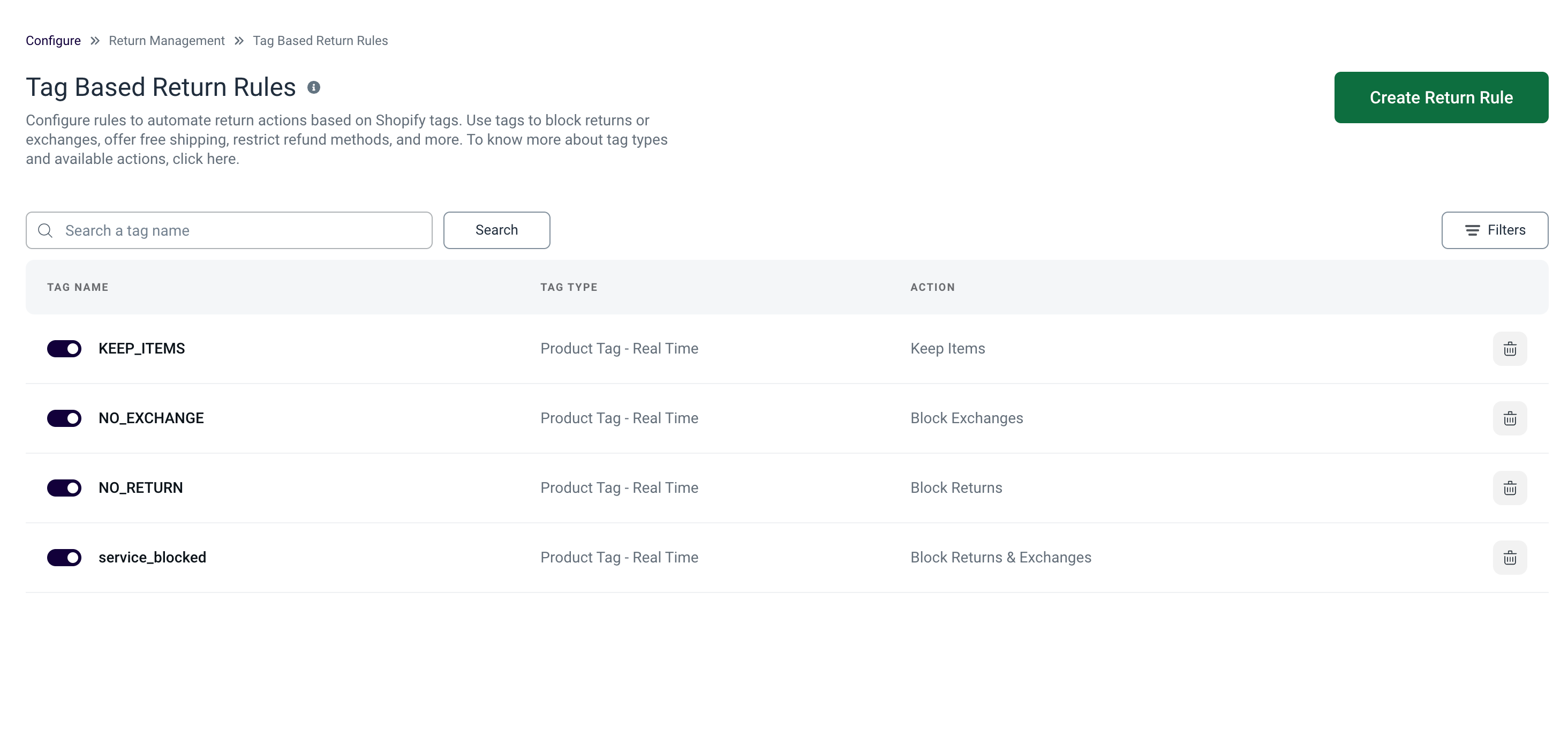 Tag-Based-Return-Rules page. Shows the 4 default rules & Create Return Rule button