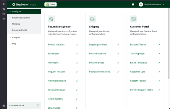 Shopify Returns and Exchanges main portal