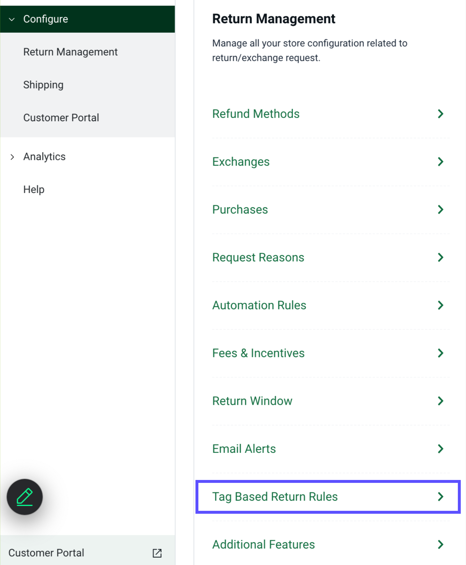 Shows option for Tag-Based Return Rules in Return Management menu