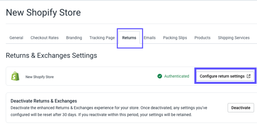 Edit-Store Details. Returns tab. Shows the Configure-Return-Settings button marked.