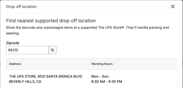 Show the ­Drop-­off-­Location pop-up for a No-­Box-­No-­Label return.