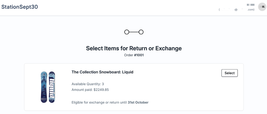 Returns portal shows item for return or exchange. Customer's perspective